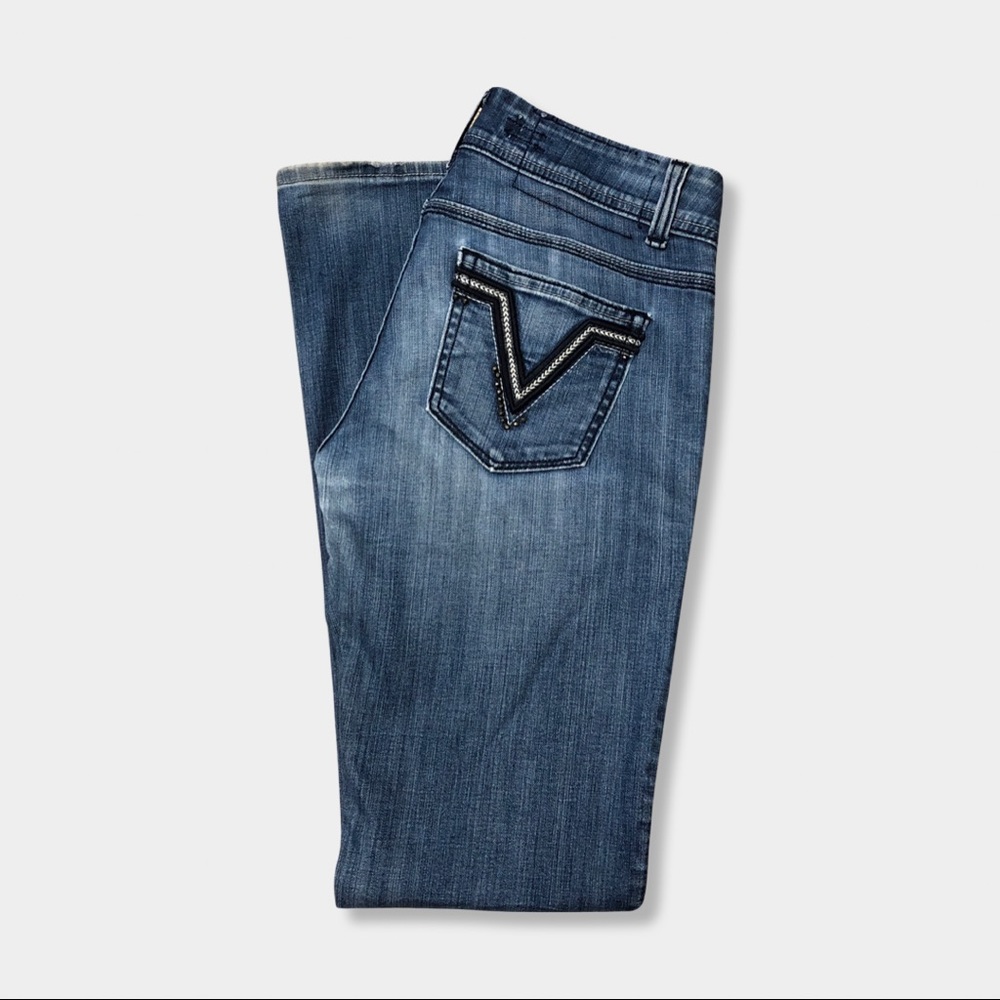 Vigoss Distressed Wash Studded V Pocket Bootcut Boot Cut Fit Denim Jeans 3/4 27